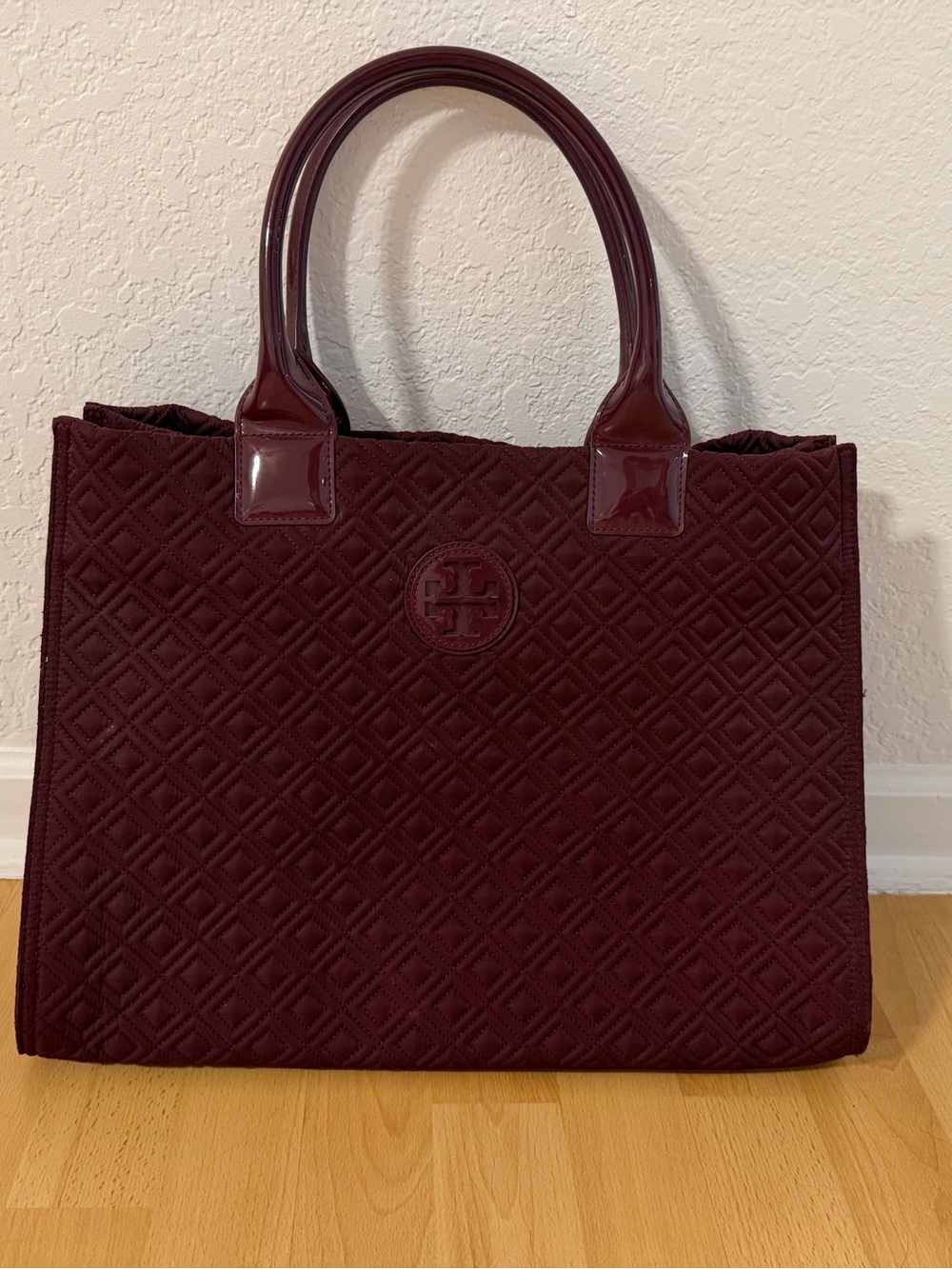 Tory Burch Quilted Tote in Burgundy with Patent Handles